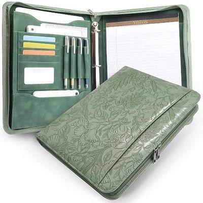 Zippered 3 Ring Portfolio Binder, Padfolio Organizer for Women | Embossed faux leather organizer fits Letter/A4 pads and 13.9 in tablet, with card slots and pen holders for work.