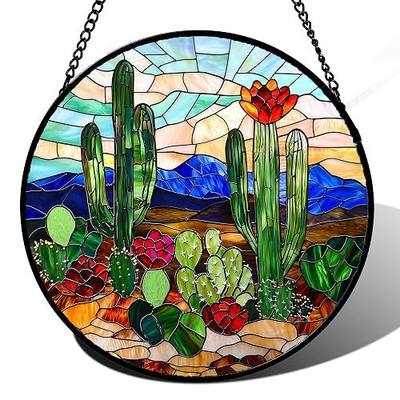 DASTOLL Stained Glass Window Hanging, Green Cactus Suncatcher for Doors Window Home Plant Landscape Sun Catchers Decoration Mother's Day Birthday Gifts for Women, Men, and Mom 6.3 in