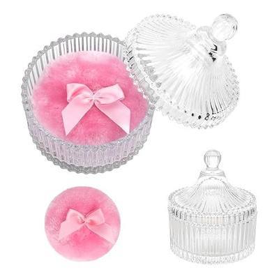 2 Pieces Large Body Powder Puff and Container - Dusting Powder Container with Puff, Crystal Case, Body Powder Puff for Women Soft Washable Reusable Velour Glitter Wet Dry Makeup