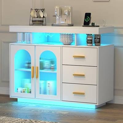 WOOVIVS LED Sideboard Buffet Cabinet with Charging Station, Wine Cabinets with Auto RGB Lighted, Modern Coffee Bar with 3 Drawers for Living Room, Dining Room, Kitchen (White)