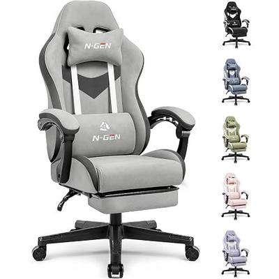 N-GEN GAMING Gaming Chair Video Game Computer Office Desk Use Ergonomic Reclining Backrest Adjustable Armrests Lumbar Support Footrest High Density Foam Breathable Fabric Heavy Duty Base (Grey)