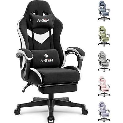 N-GEN GAMING Gaming Chair, Reclining Backrest, Footrest, Fabric, Black | Ergonomic Design with Reclining Backrest, Linkage Armrests and High-Density Foam, Comfy Seating for Computer or Home Office