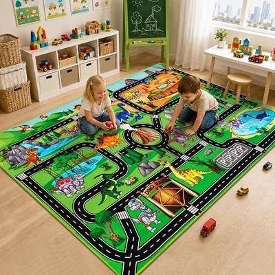 Kids Dinosaur Rug for Playroom 59" x 39.4", Dino Road Play Mat with Car Tracks, Educational Toddler Play Rug for Boys Bedroom, Jurassic Dinosaur Park Carpet for Toy Cars, Nursery, Classroom