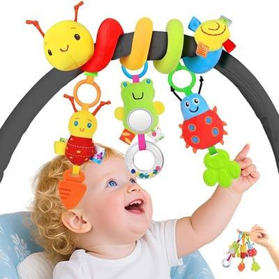 Spiral Car Seat & Stroller Toys with Rattles for Babies 0-12 Months | Upgraded Hanging Plush Caterpillar Carseat & Crib Toy with Detachable Sensory Rattles for Infant Newborn Baby Shower Gifts