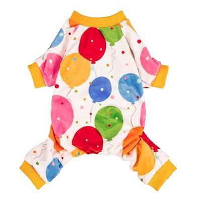 Fitwarm Balloon Dog Fleece Pajamas, Birthday Outfit for Small Dogs Boy Girl, Cozy Pet Onesie with Feet, White, Yellow, Red, Blue, Green, Large