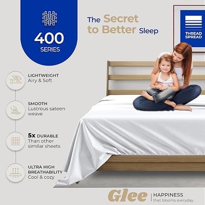 Thread Spread King Size Flat Sheet Only Cotton - Luxury 400 Thread Count 100% Egyptian Cotton King Size Flat Sheet Only (1 PC, White), Soft, Breathable, Cooling, Sateen Weave Hotel Top Sheets