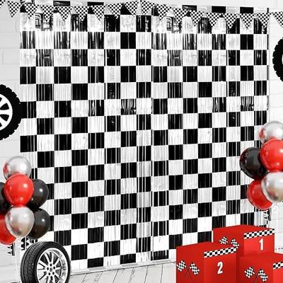 3 Pack 3.3Ft x 6.6Ft Race Car Checkered Foil Fringe Curtain Backdrop Decorations, Black White Metallic Tinsel Foil Streamers Curtain Photo Booth for Race Car One Happy Dude Birthday Party Decorations