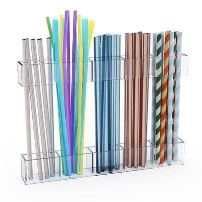 Upgraded 9.5'' Large Acrylic Straw Holder for Cabinet Door, Adjustable Space-Saving Straw Organizer Storage Dispenser for Cabinet with Ultra Sticky Adhesive Strips, 2-Part Rack, Drainage Holes
