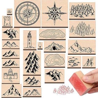 Marspark 24 Pcs Compass Mountains Stamp Combo Map Making Rubber Stamp Kit Compass Outdoor Scenery Stamps for RPG Adventures, Storytelling, and Creative Projects