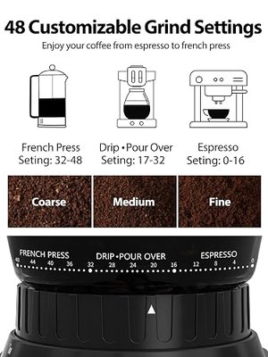 Aromaster Conical Coffee Bean Grinder for Home Use with 48 Gind Settings