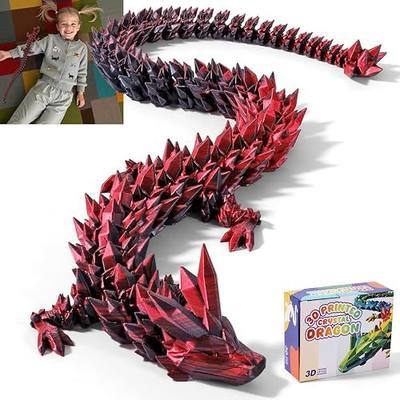 24" Large 3D Printed Dragon Bigger Fidget Animals Toys, Oversized Flexible Articulated Crystal Fidget Toy, Huge 3D Printed Dragon Gift for Desk and Home Decor (Black Red, 24 inch)