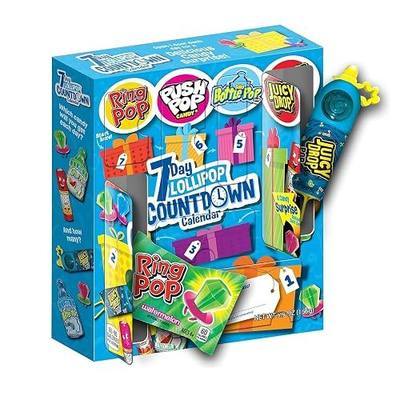 Bazooka Brands 7 Day Candy Countdown Calendar, Full-Size Surprise Hard Candy Lollipops From Ring Pop, Push Pop, Baby Bottle Pop & Juicy Drop, Fun Customizable Gift Box for Kids Party Favors and Prizes
