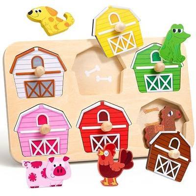 JoyCat Wooden Puzzles for Toddlers 1-3, Animal Match Farm Peg Puzzles