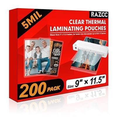 RAZCC Laminating Sheets, 200 Pack Clear Thermal Laminating Plastic Paper Laminator Sheets, 9 x 11.5-Inch, 5mil, Ideal Office or School Supplies
