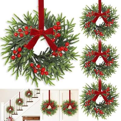 4 Pcs Mini Christmas Wreath for Cabinets Kitchen, 11 Inch Hanging Small Christmas Wreaths with Red Bows Cedar Branchs Red Berry Clusters for Kitchen Cabinet Fireplace Window Front Door Wall Decor