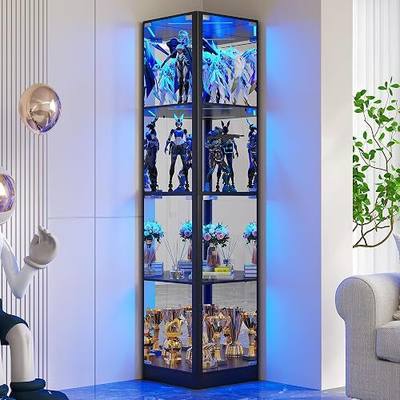 Dystler Corner Display Cabinet with Glass Doors & LED Lights | 68" Tall, Human Sensor Lights, 4-Tier, Display Case for Collectibles, Modern Storage Cabinet