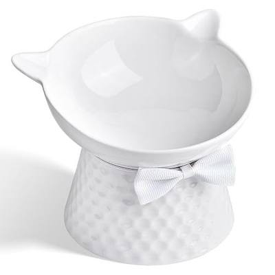Ceramic Raised Cat Bowl with Stand and Bow Tie, Tilted Elevated Anti-Vomit Cat Dish for Whisker Relief, Microwave & Dishwasher Safe, Cute Pet Food Bowl for Cats and Small Dogs