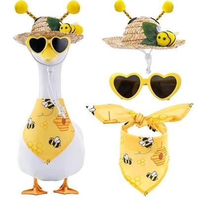 3Pcs Summer Bee Outfit for Porch Goose - Funny Goose Costume Set | Funny Lawn Goose Clothes with Straw Hat, Glasses & Yellow Bib Accessories for 23'' Cement/Plastic Gooses Statue Outdoor Decor