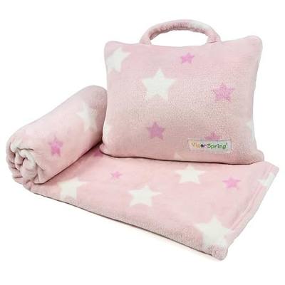 3-in-1 Kids Travel Blanket and Pillow Set - 40x60 Inches Soft Pink Star Design,Kids Travel Blanket Airplane Compact with Bag, Potable Pillow Blanket for Travel Airplane Train Bed Office