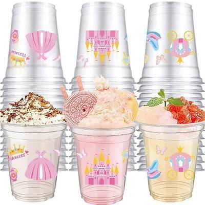 VDESFUEBY 40Pcs Pink Princess Castle Disposable Plastic Cups 12oz Pink Party Cups Disposable Transparent Princess for Princes Themed Birthday Party Ornaments