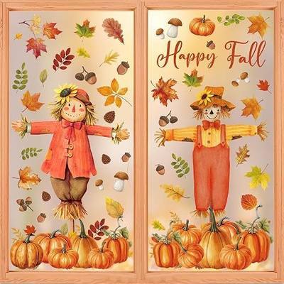 9 Sheets Fall Scarecrow Window Clings Thanksgiving Pumpkin Maple Leaves Window Decals Double-Sided Fall Leaves Scarecrow Windows Clings for Autumn Harvest Thanksgiving School Office Home Glass Decor