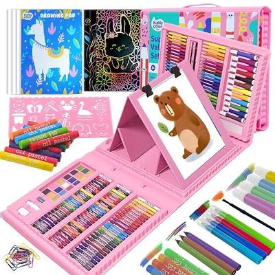 KIDDYCOLOR Kids Art Set, Drawing Art Supplies for Girls & Boys Ages 4-8 with Watercolor Cakes, Oil Pastels, Colored Pencils, Ideal Gift for Young Artist, Pink-217pcs