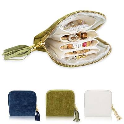 Stratalife Small Travel Jewelry Case, Portable Velvet Storgae Pouch | Jewelry Organizer for Gemstones Healing Crystal & Bracelets Bangles, 6 Pouches Ring Holder with Zipper, Green Tassel