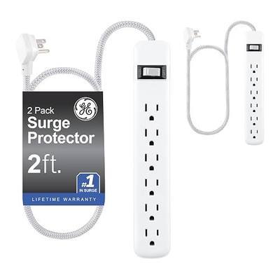 GE Surge Protector Power Strip, 2 Pack, 2 Ft Braided Extension Cord | 6 Outlet Extender, 245 Joules, Flat Plug, Wall Mount, On Off Switch, ETL Safety Listed, White, 86075