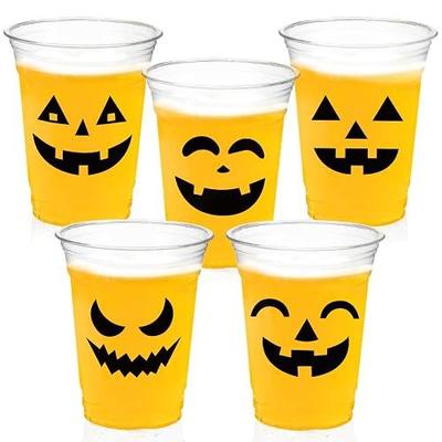 50 Pack Halloween Plastic Cups Clear 12Oz Disposable Pumpkin Cups With 5 Styles Patterns for Kids Adults Party Favors, Coffee, Wine, Hot and Cold Drinks