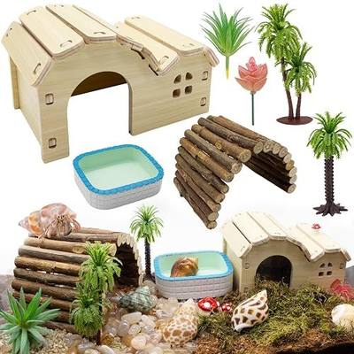 Hermit Crab Kit Hideout Water Pool Tank Decorative Accessories with Palm Tree Decorations Enrichment Toy for Turtles Lizard Frog Gecko Chameleons