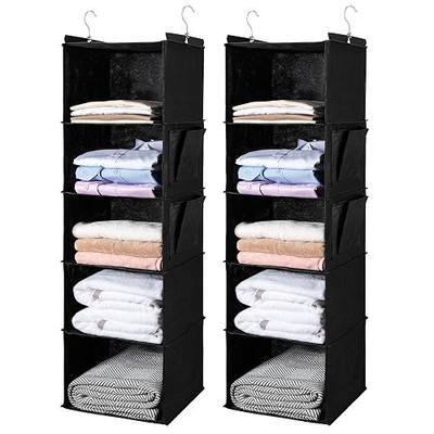BOOMIBOO Hanging Closet Organize and Shelves,5-Hanging Shelf with 2 Side Pockets,Storage Foldable (2 Pack,Black)