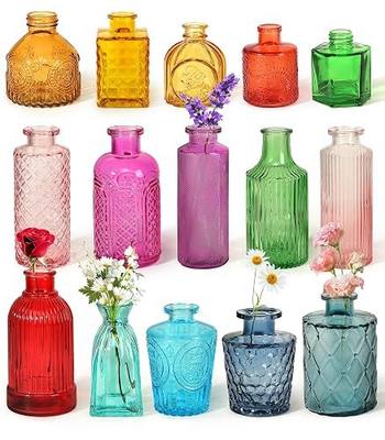 Set of 15 Colorful Glass Bud Vases - Small Textured Flower Vases for Centerpieces, Wedding Table Decor, Retro Home Decor Bulk Vase Set for DIY, Events & Gifts