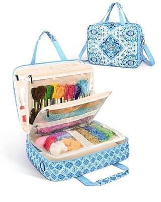 Sewing Supply Storage Bag with Removable Binder, Large Capacity Sewing Organizer Tote With Multi Pocket for Threads, Needles, Scissors, Craft Supplies(Blue Floral)