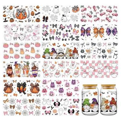 Halloween UV DTF Stickers - 16 Sheets Pink Bows Ghost Uvdtf Cup Wraps for 16 20 oz Glass Mugs, Cute Gnome Pumpkin Drink Transfer Sticker Decals DIY Water Bottle Creative Decorative Gifts for Women