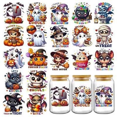 Halloween UV DTF Cup Wraps, 20 Pcs Cute Ghost Pumpkin Transfer Stickers | Peel and stick transfers for 16oz 20oz glass cups tumblers, waterproof, spooky cute Halloween DIY party decoration