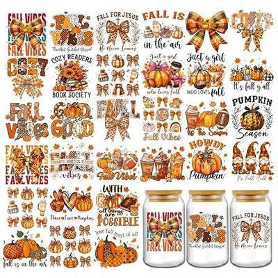 Autumn UV DTF Stickers - 30 Sheets Yellow Maple Leaf Pumpkin Bow UV DTF Cup Wraps for 16 oz Glass Mug, Fall for Jesus He Never Leaves Transfer Sticker Decals DIY Water Bottle Journal Gift for Girl