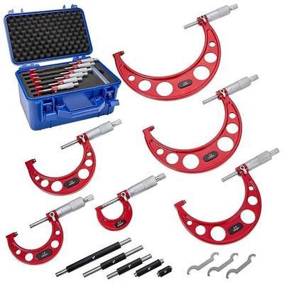 Premium Outside Micrometer Set 0-6" / 0.0001" (0-1"/ 1-2"/ 2-3"/ 3-4"/ 4-5" /5-6") Precision Machinist Tools w/Carbide Tips, Standards, Ratchet Stop