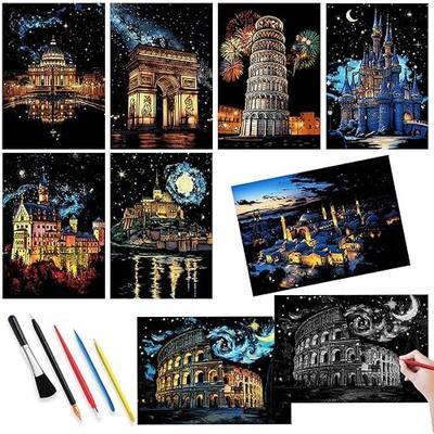 Rainbow Scratch Paper( A4 ) Scratch Art Book Arts and Crafts Adults End of Year Gifts for Party (Ancient City of Starry Sky)
