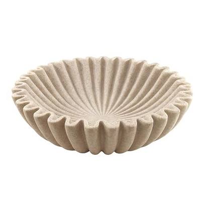 10'' Large Ruffle Decorative Fruit Bowl for Entryway Coffee Table Scalloped Purse Key Holder Kitchen Countertop Console Modern Organic Home Decor, Artificial Stone Beige