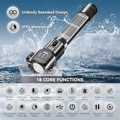 18-in-1 Car Emergency Flashlight, Window Breaker Seatbelt Cutter | 800LM solar/usb flashlight, magnetic base, emergency power bank, electric lighter, 120dB alarm & compass. Ideal driver gift