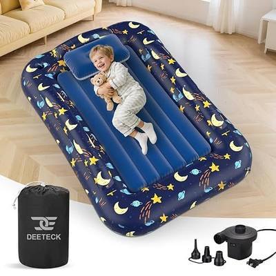 Inflatable Toddler Travel Bed - 63.1" L Portable Children's Inflatable Mattress with Safety Bumper - Inflatable Toddler Bed with Air Pump - Ideal for Travel or Home Use - Dark Blue Moon Design