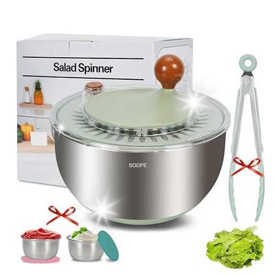 Stainless Steel Salad Spinner Large, Salad Washer Spinner and Dryer, Lettuce Cleaner Spinner, Vegetable Dryer, Fruit Washer with Dipping Saucers and Clip Dishwasher Safe, 5.3Qt