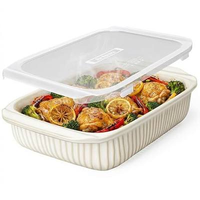 Artena Baking Dish 5.1 Quarts, Casserole Dishes For Oven, Baking Pan With Handles, Lasagna Pan Deep, Large Casserole Dish, Rectangular Ceramic Bakeware (White, With Lid)