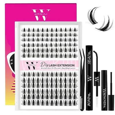 Manga Lash Clusters Kit DIY 144Pcs Fairy Eyelash Clusters Natural Lashes Kit with Anime Lash Clusters Bond and Seal, Remover and Tweezers for Invisible Band Eyelash Extensions Kit(D-Mix8-16mm)