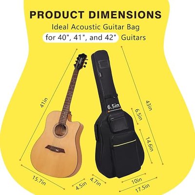 40/41/42" Acoustic Guitar Bag,Oxford Fabric with 0.35" Thick Padding | Water Resistant Gig Bag | 3 Pockets | Side Handle & Back Hanger Loop | Adjustable Dual Shoulder Straps for Travel Daily Use