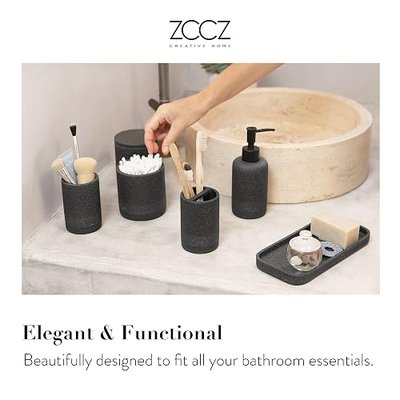 ZCCZ Black Stone Bathroom Accessories Set 6 Pieces - Toothbrush Holder, Lotion Dispenser, Qtip Container, Vanity Tray, Tumbler - Countertop Organizer for Bathrooms - Elegant and Functional Décor Set