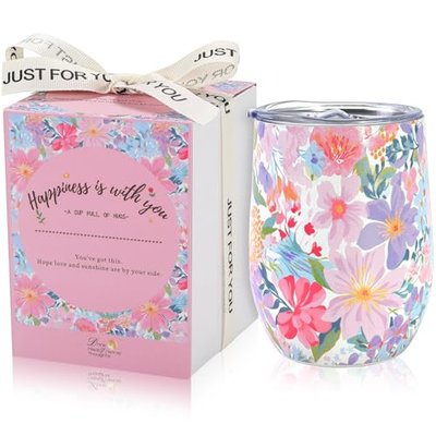 12oz Floral Insulated Wine Tumbler with Lid, Small Birthday Gift for Women