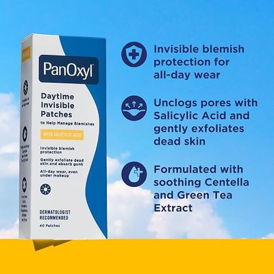 PanOxyl Daytime Invisible Patches, Salicylic Acid, 40ct, 20 Large & Small | Help Manage Blemishes, Unclog Pores & Exfoliate, Soothing Centella, Latex-Free, Vegan, All-Day Protection, For All Skin Types