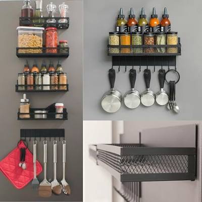 Houseify Spice Float Magnetic Spice Racks, Set of 4, Black | Epoxy-coated 4.5mm steel, neodymium magnets, 10-hook bar, holds 40 lb, no installation required