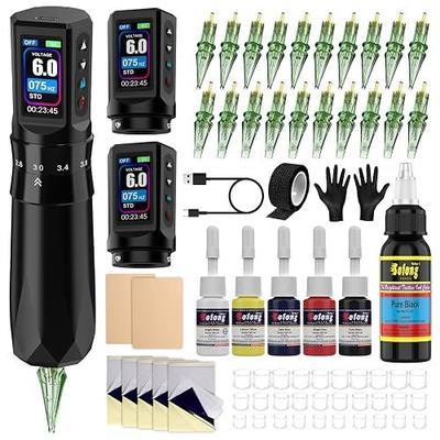 Beginner Cordless Tattoo Pen Kit 7 Stroke Length Dual 1600mAh Batteries Full Tattoo Supplies